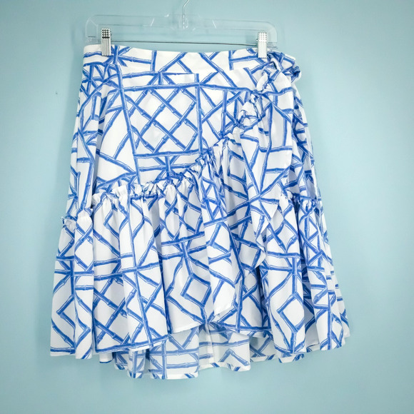 Vineyard Vines Size 12 Blue Bamboo Lattice Print Ruffle Wrap Tie Side Mini Skirt - Picture 1 of 6